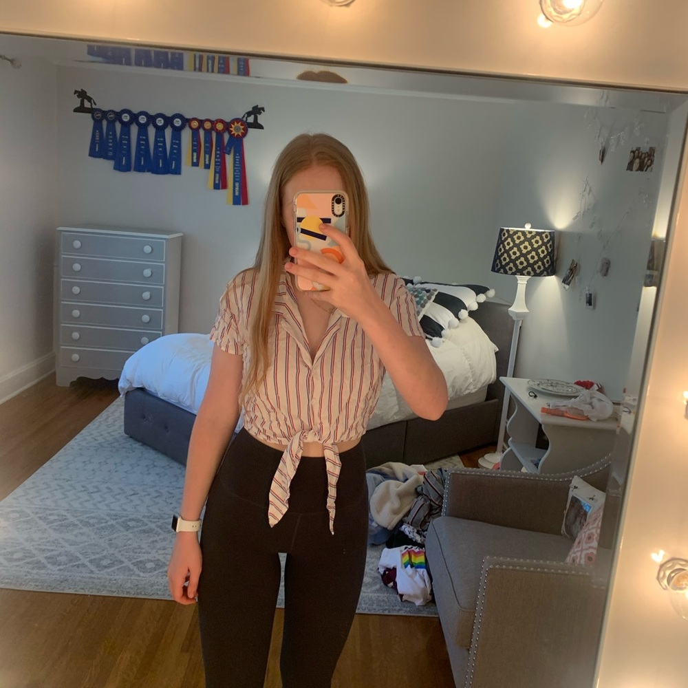 White crop top with stripes and a front tie